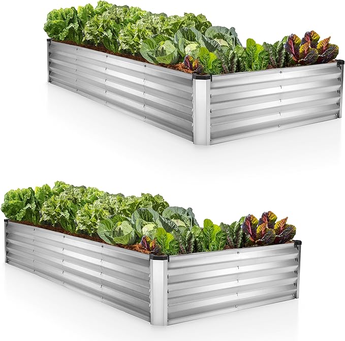 Galvanized Raised Garden Beds Outdoor // 8×4×1 ft (2-Pack) Planter Raised Beds for Gardening, Vegetables, Flowers // Large Metal Garden Box (Silver) // Patented Tool-Free Design