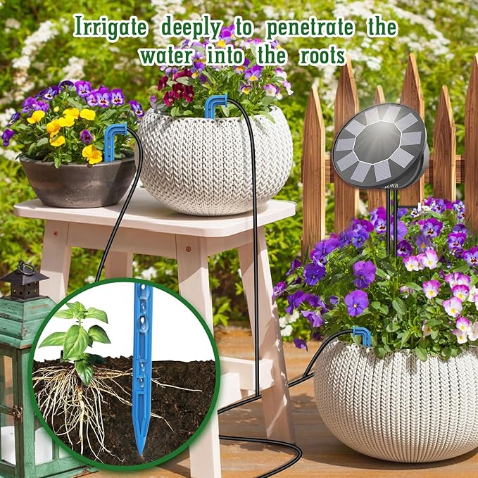 Solar Automatic Drip Irrigation System Kit, DIY Irrigation System for Garden Outdoor/Indoor Gardening System, Plant Watering System Drip Irrigation System, 9 Timing Modes with Anti-Siphon Set