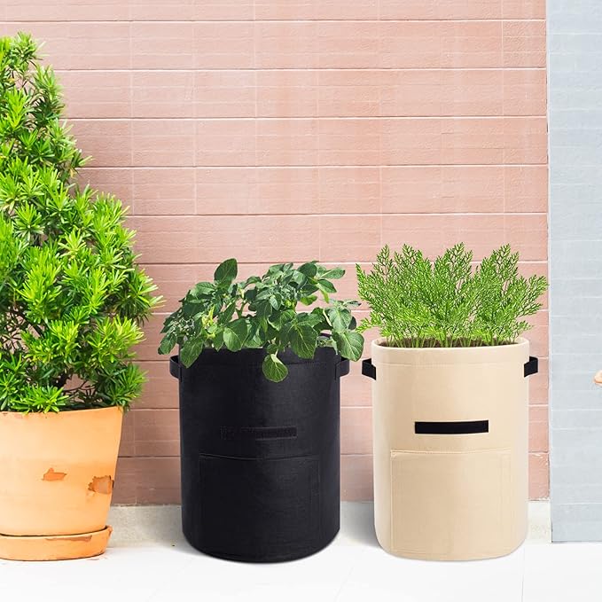 4 Pack Potato Growing Bag with Flap 10 Gallon Planter Pots with Handles and Harvest Window for Potato Tomato and Vegetables, Black Green Orange and Beige