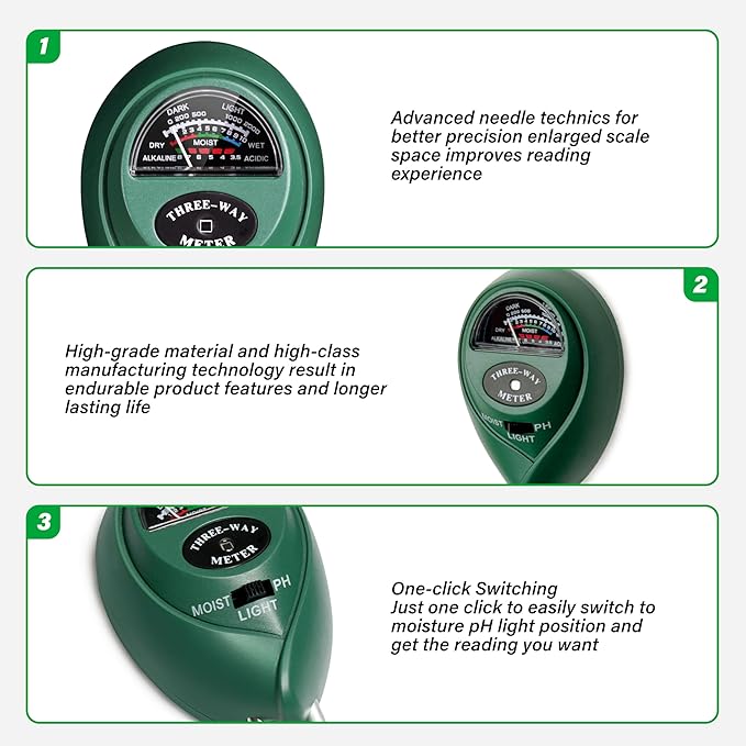 iPower Soil Meter, 3-in-1 Plant Moisture Light PH Tester for Gardening, Farming, Indoor & Outdoor Use, 3 Pack