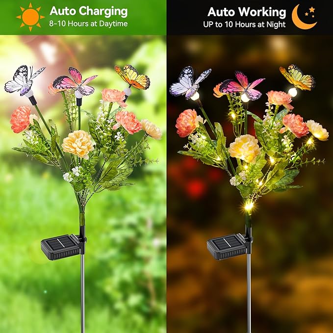 Solar Flowers Lights Outdoor Waterproof, 6 Pack 2 in 1 Solar Butterfly Bouquet for Garden Decor, LED Warm Lighting Garden Lights Outdoor for Pathway Yard Patio Decoration