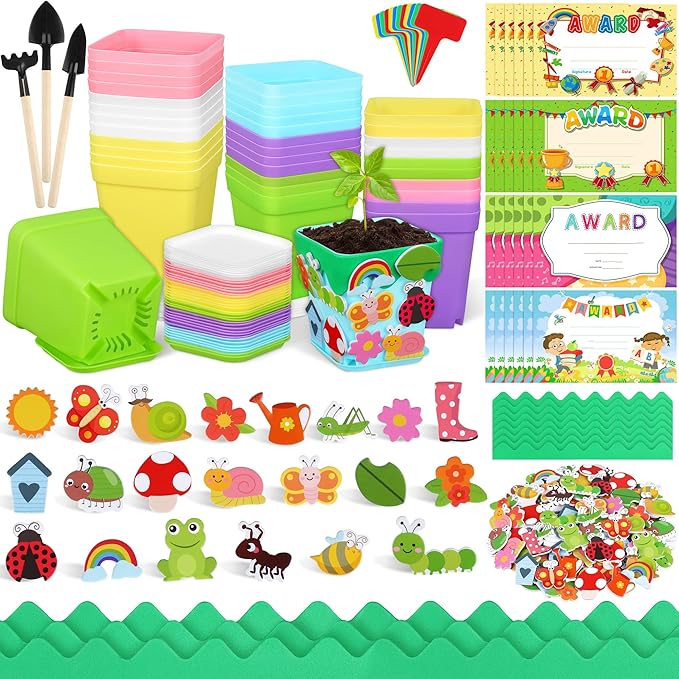 Elcoho 36 Set Garden Plastic Pot Craft Kit Plant Spring Craft Kits for Kids Flower Pots with 150 Foam Stickers 36 Labels 24 Certificate of Awards 3 Tools Planting Growing Kit for Kids, Mixed Colors