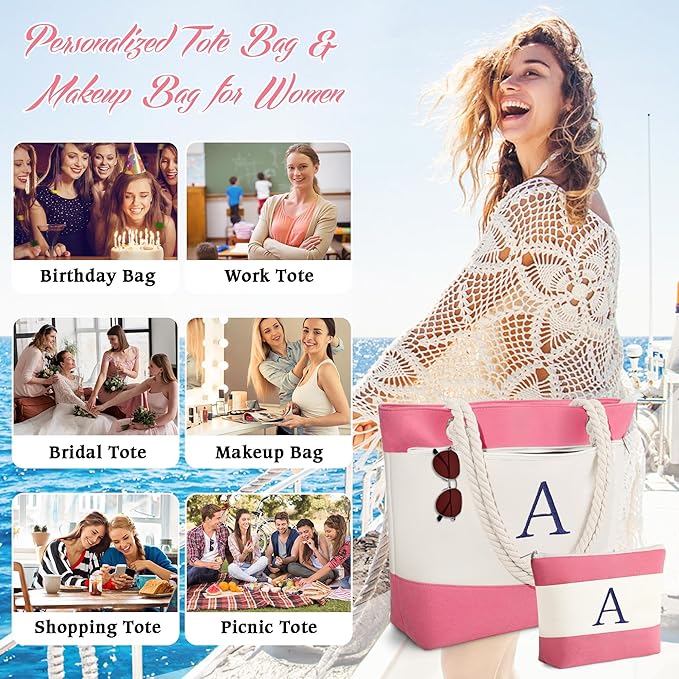 YOOLIFE Beach Bags for Women - Initial Tote Waterproof Bag with Makeup Bag, Mothers Day Gifts for Women Mom Friend Birthday