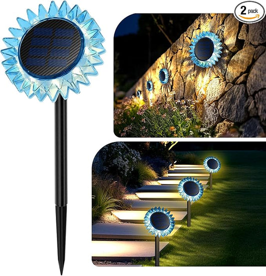 Hogni Solar Pathway Lights - 2 Pack LED Sunflower Garden Light, Waterproof Outdoor Decor for Wall, Lawn, Yard, Walkway, Patio, Landscape