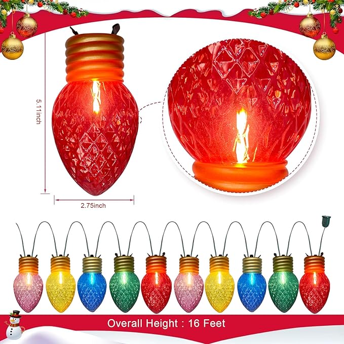 Outdoor Christmas Decorations Lights, 16Ft Jumbo Xmas String Lights with 10 5'' LED Large Multicolor Strawberry Bulb Christmas Roof Hanging Light for Outdoor Patio Eave Xmas Tree Garden Holiday Decor
