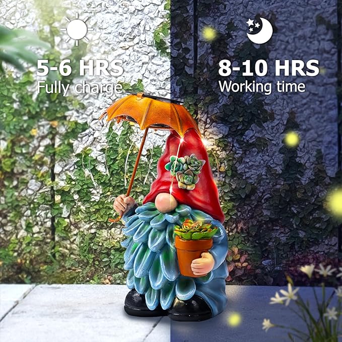 Solar Outdoor Statues Gnome Garden Decor, Garden Gnome with Solar LED Umbrella Decorative for Patio, Balcony, Lawn, Yard Ornament - Unique Gardening Gifts for Mom Grandma