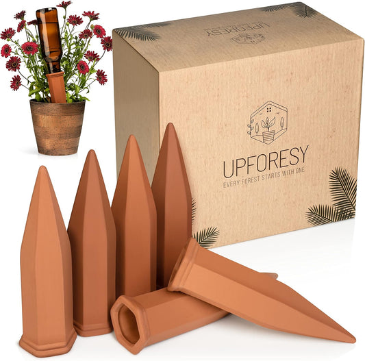 6 Pack Terracotta Watering Spikes for Indoor and Outdoor Plants - Simple and Easy Setup - Keep Plants Happy and Watered While You are Away
