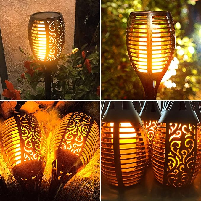 Solar Torch Lights 8 Pack - Outdoor Waterproof Solar Tiki Torches with Realistic Flickering Flame, 3-in-1 Hanging Lanterns, Fire Effect Landscape Decoration for Garden, Pathway, Yard & Patio