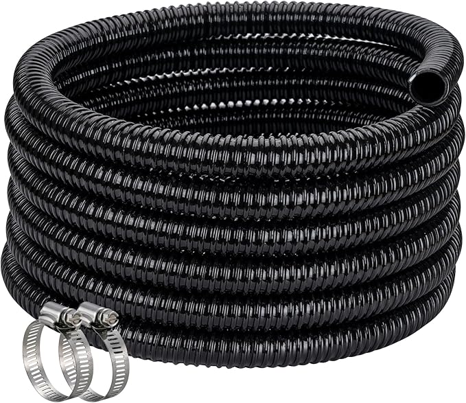 Pond Hose ID 1/2” × 50ft Black Corrugated Flexible Reinforced PVC Hose Vinyl Tubing for Pond Pump Fountain Garden Waterfall, Non-toxic & Kinkproof, with 2 clamps