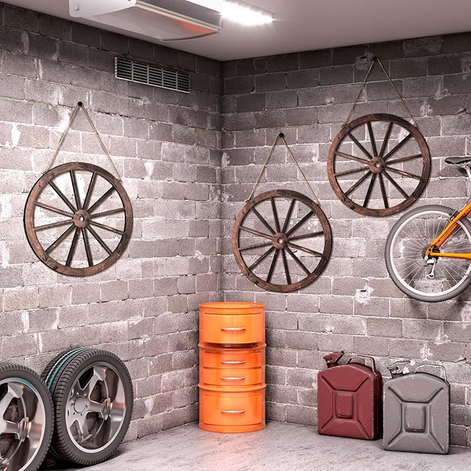 Qunclay 4 Pcs Wooden Wagon Wheel Wall Decor Old Western Wood Boho Wall Art Farmhouse Boho Wagon Wheels Rustic Yard Decor Wood Hanging Decorations for Garden Home Bar Garage (17.7 Inch)