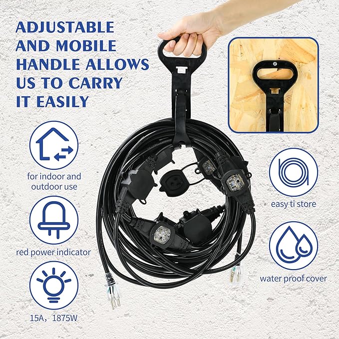 50FT 16 Gauge Power Extension Cord,7 Spaced Outlet Cable.Multi Outdoor Evenly-Spaced Plugs,Power Cord Splitter,Ideal for Holiday Decoration and Christmas Light,ETL Listed