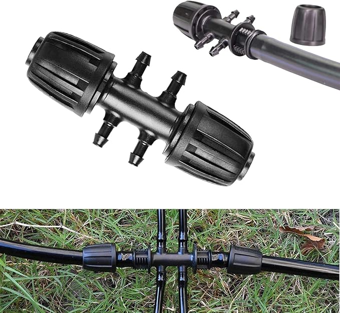 10Pcs Barbed Tee Irrigation Fittings, HOINCO 1/3 Inch to 1/4 Inch Irrigation Tube Anti-Drop Quality Fitting, 8mm ID 12mm OD Pipe Turn 4mm ID 7mm OD Hose, 6-Way Adapter for Lawn, Farm, Garden(Black)
