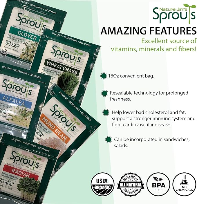 Nature Jims Sprouts Broccoli Sprout Seeds - Certified Organic Broccoli Sprouting Seeds for Indoor/Outdoor Use - Rich in Sulforaphane Healthy, Nutritious Broccoli Seeds Sprout in 5 Days - 8oz