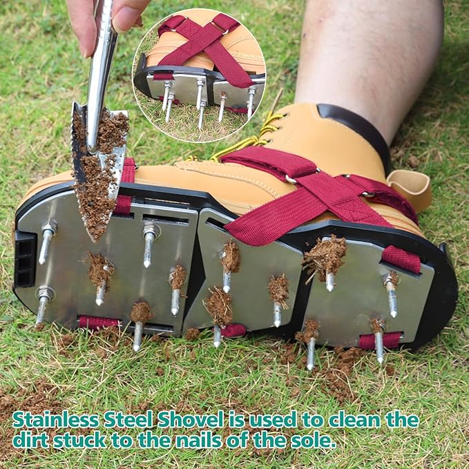 Lawn Aerator Shoes for Grass - Pre-Assembled Grass Aerator Shoes for Lawn - Soil Yard Aerator Tool for Aerating Patio Garden, Red