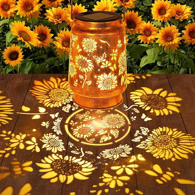 Sunflower Solar Lanterns Garden Decor, Birthday Gifts for Women Mom Grandma Metal Hanging Solar Lights Waterproof Outdoor Decoration LED Lanterns with Shepherd Hook for Outside Garden Yard Patio