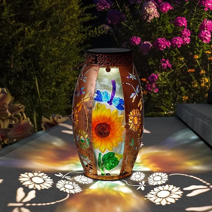 Solar Lanterns Outdoor Hanging Light - Sunflower Dragonfly Solar Powered LED Glass Lights Decorative Waterproof Tabletop Lamp with Hollowed-Out Design for Yard Table Patio Garden Pathway Holiday