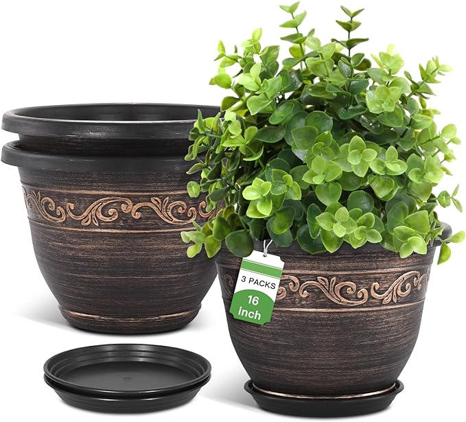 Plastic-Plant-Flower-Planters-16 Inch with Drainage Hole & Saucer, 3 Packs Lightweight Small Resin Flower Pot Indoor Outdoor, Retro Antique Imitation Decorative Garden Containers Sets for Houseplants