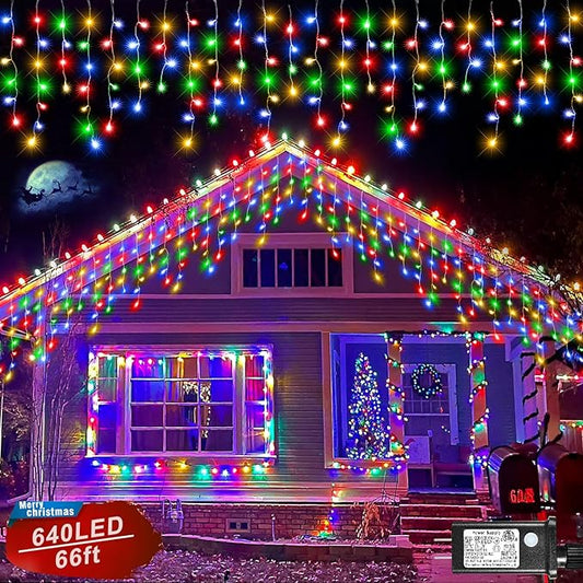 Christmas Icicle Lights Outdoor, 66ft 640 LED Icicle Lights for Outside with 8 Modes Timers, Waterproof Plug in Connectable String Light for Indoor Home Roof Yard Party Decorations, Multicolor