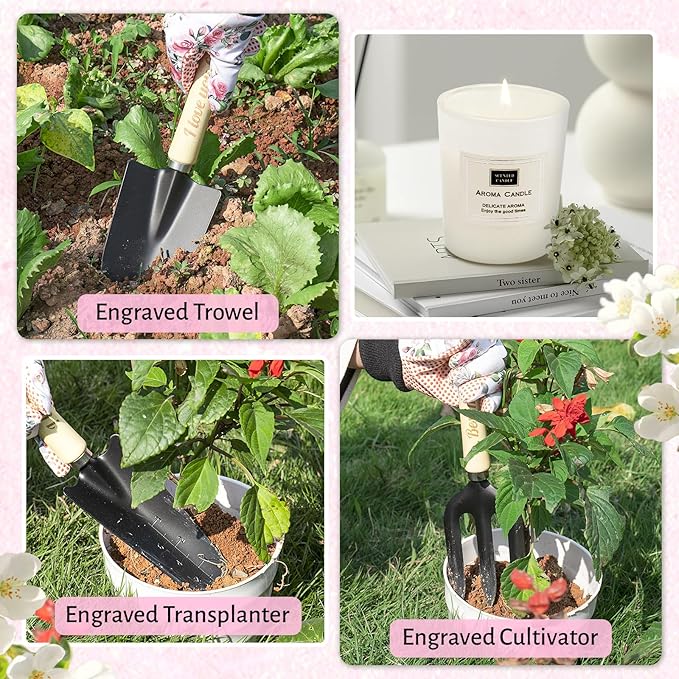 Gifts for Mom,7 Piece Womens Gardening Kit with Pink Gardening Tools,Straw Hat, Floral Gardening Apron and Gloves,Mothers Day Gardening Gifts for Mom Pink