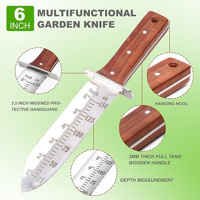 Topline Full Tang Hori Hori Garden Knife, Hori Hori Knife with Sharpening Stone, Double-edge Stainless Steel Blade, Heavy Duty Leather Sheath Included, Garden Tools for Digging, Weeding, Planting
