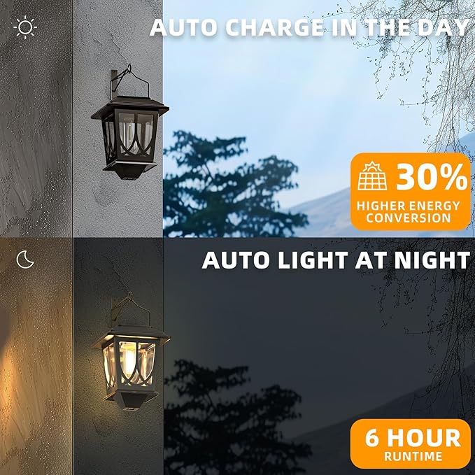 Solar Lanterns Outdoor Waterproof 2 Pack, Glass Auto On/Off LED Hanging Solar Lights, Outdoor Lantern with Wall Mount for Yard Fence Patio - Black