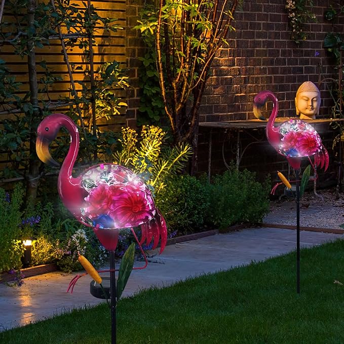 Solar Garden Lights, Glass & Metal Flamingo Solar Garden Decor Solar Pathway Lights Solar Garden Stakes Decorative Yard Art Yard Decor Waterproof for Patio Lawn Courtyard