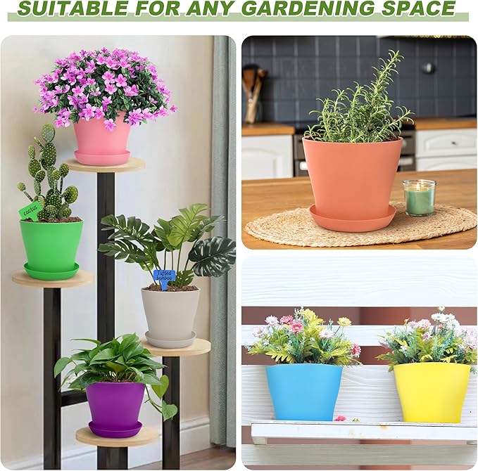 36 Pack 5.5 Inch Plastic Plant Pots with Saucers Colorful Flower Plant Container Seed Starting Pots Thickened Seedlings Nursery Pots for Home Garden Indoor Outdoor Flowers, 9 Colors