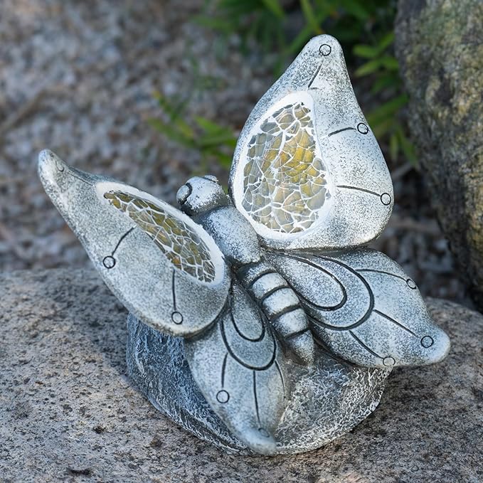 Garden Statue Butterfly,Solar Butterfly Decor for Outdoor,Resin Butterflies Figurine with Solar Light for Patio,Balcony,Yard,Lawn Ornament,Perfect Garden Gift