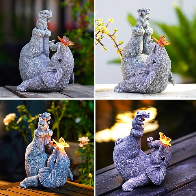 Solar Elephant Statues for Garden Decor - Elephant Handstand Mother&Son Solar Statue with Solar Butterfly,Best Birthday Gifts for Mom,Women