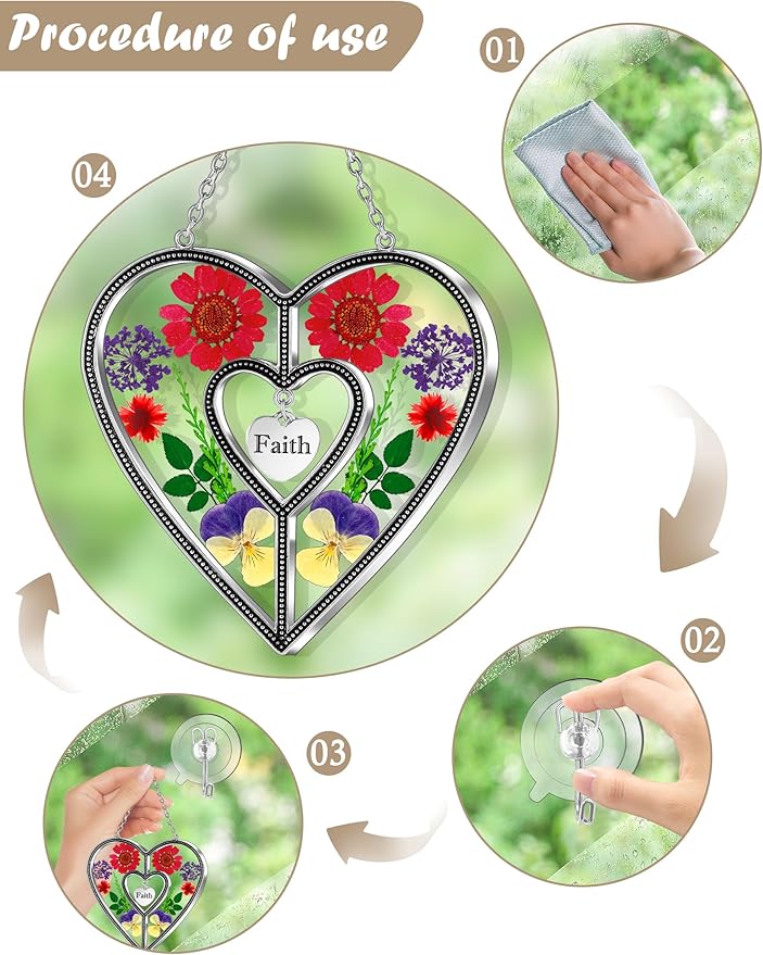 KY&BOSAM Heart Suncatcher Faith Stained Glass Hangings for Windows Sun Catchers Birthday Gifts for Women Real Flower Glass & Metal Maker for Christmas Tree Wedding Party Patio Home Garden Decor