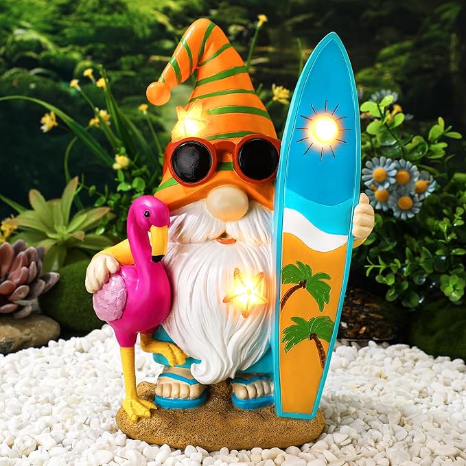 Funny Solar Gnomes Garden Decor Surfer Gnome Figurine with Flamingo Summer Beach Gnomes Solar Light Outdoor Funny Lawn Statue for Patio, Lawn, Yard, Porch,holiday Women Gift,9.1 Inch Tall