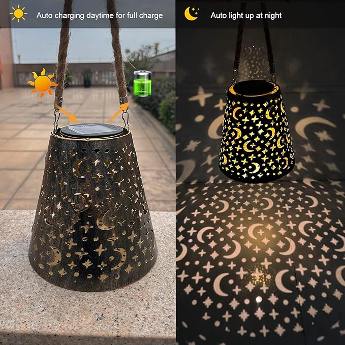 Hanging Solar Lanterns Outdoor Waterproof Star Moon Solar Lights Metal Outdoor Decor, LED Decorative Solar Garden Lights for Garden, Backyard, Tree, Porch(1 Pack)