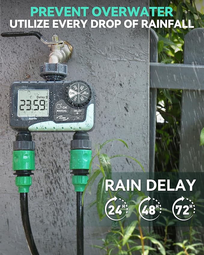 RAINPOINT 2 Zone Sprinkler Timer - 2pcs Water Timer for Garden Hose with Rain Delay/Manual Watering/Automatic Irrigation Controller System - Water Hose Timer Programmable Faucet Timer for Yard Lawn