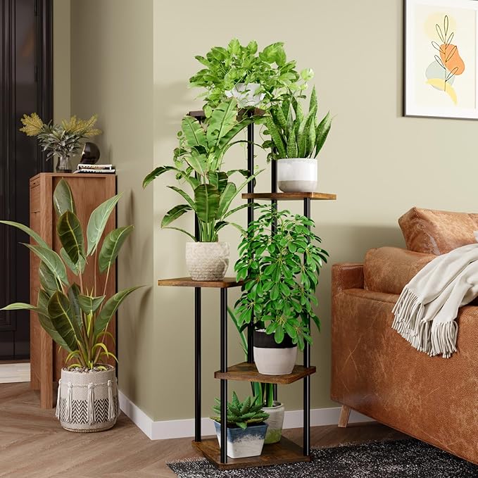 Bamworld Corner Plant Stand Indoor, 5 Tier Metal Plant Shelf for Multiple Plants, Tall Flower Stand for Patio Garden Balcony Living Room Bedroom(Brown)
