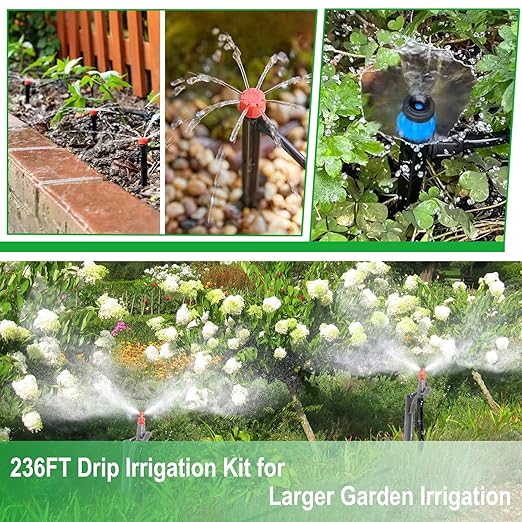 236FT Drip Irrigation Kits, Automatic Drip Irrigation System with 1/4 Drip Irrigation Tubing for Outdoor Plants, Garden Misting Plant Watering System for Yard, Lawn, Patio, Raised Bed