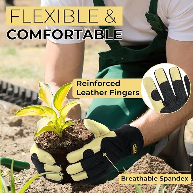 HANDLANDY Men Leather Gardening Gloves, Utility Work Gloves for Mechanics, Construction, Driver, Dexterity Breathable Design