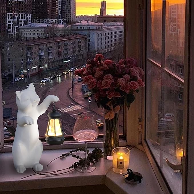 Solar Powered Garden Resin Statue Lights, 10 Inch Waterproof Outdoor Animal Cute Cat Figurine Lights, Suitable for Patios, Balconies, Lawns, Courtyards, Etc (Hand)