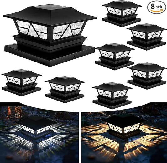 TW SHINE 8 Pack Solar Outdoor Fence Post Lights, 2 Modes Post Cap Lights Waterproof Warm White/Cool White for Yard, Garden, Porch, Patio Decor, for 4x4 5x5 6x6 Wood Posts
