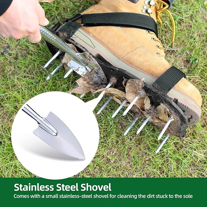 Ohuhu Lawn Aerator Shoes with Stainless Steel Shovel, Free-Installation Aerating Shoe with Hook&Loop Straps, Heavy Duty One-Size-Fits-All Spiked Aerating Sandals for Garden Grass Lawn