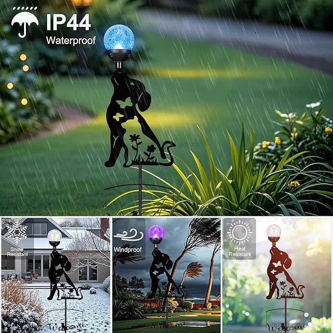 Solar Outdoor Garden Stakes with Crystal Ball Light Solar Metal Dog Statue Black Dog Patio Garden Decorative Stakes with Solar Lantern Christmas Birthday Gifts