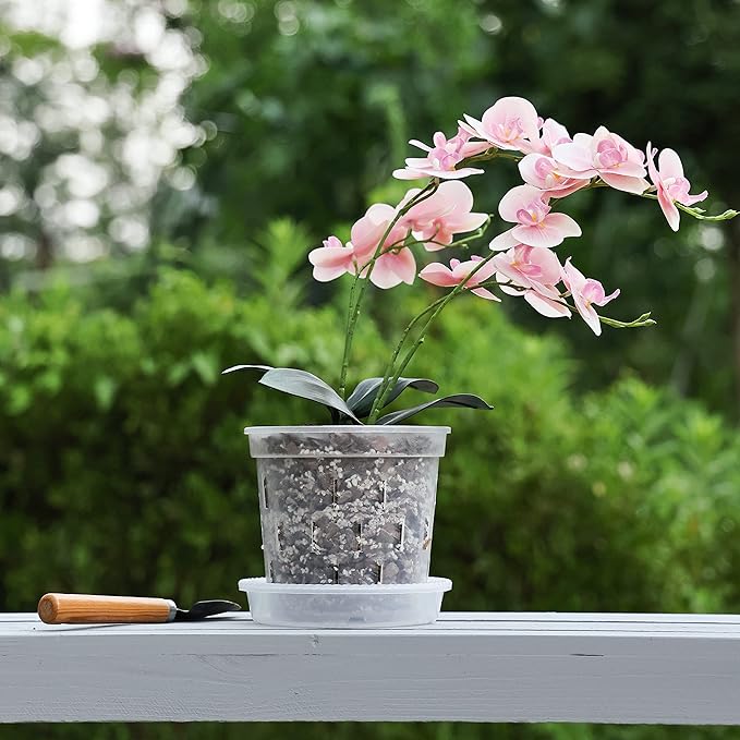 TRUEDAYS 4 Pack Orchid Pot with Saucers, 6 Inch Clear Orchid Pots with Holes, Plastic Planter with Trays, Breathable Slotted Orchids Planters for Indoor Outdoor Plants