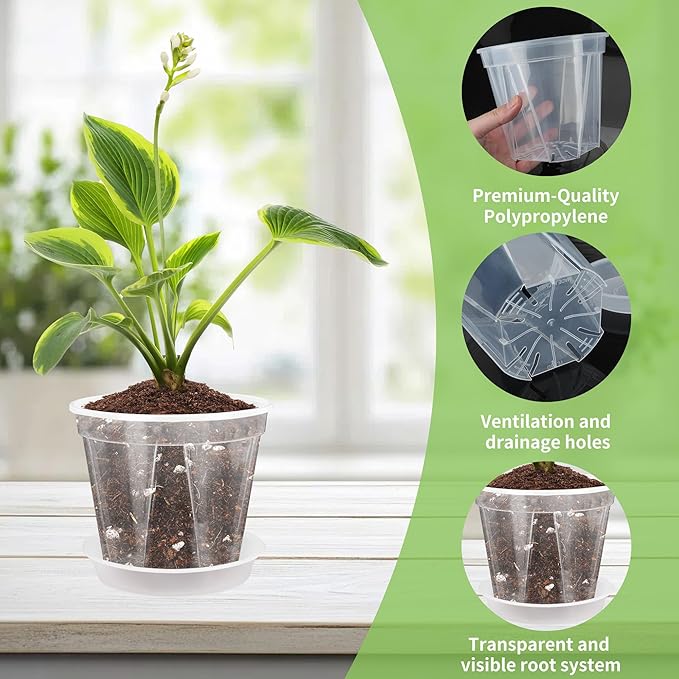12pcs 3.9/4.7/5.9 Inch Clear Nursery Pots with Saucer, Transparent Plastic Plant Pots with Drainage Hole for House Plants, Flower, Succulent and Outdoor Clearance (20pcs Plant Labels)