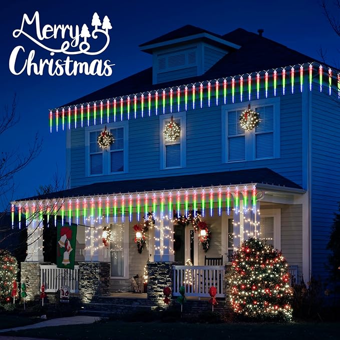 Icicle Lights Outdoor, 10 Ft Meteor Shower Lights with 10 Ice Shaped Tube, Snowfall Shooting Star Light Effect, Falling Crystal Christmas Decorations for House Eave Roofline Patio, Multicolor