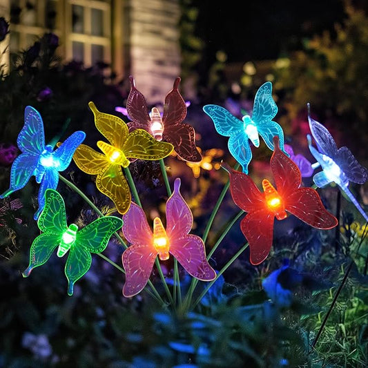 Solar Garden Lights, 2 Pack with 8 Butterfly Swaying Solar Lights Outdoor Decorations, Multi-Color Changing LED Solar Light Stakes, Solar Yard Lights for Garden Patio Lawn Yard Pathway Decor