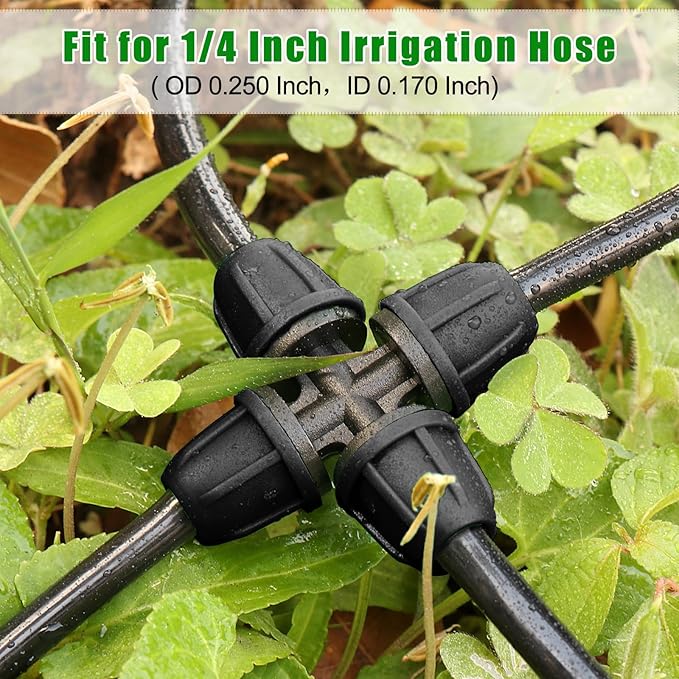 JAYEE Drip Irrigation Fittings 1/4 Inch, 25 Pcs Lock Barbed 4 Way Cross for ¼ in. tubing, Drip Line Connectors Couplings Irrigation Parts for Drip Sprinkler Garden Lawn Watering Systems, Black