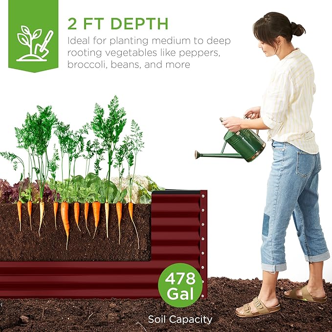 Best Choice Products 8x4x2ft Outdoor Metal Raised Garden Bed, Deep Root Planter Box for Vegetables, Flowers, Herbs, and Succulents w/ 478 Gallon Capacity - Royal Red