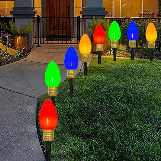 Jumbo C9 Christmas Pathway Lights Outdoor, 2Pk Total 14Ft Outdoor Christmas Decorations with 8 LED Jumbo C9 Multicolor Light Bulbs Christmas Walkway Lights for Lawn Holiday Yard Garden Sidewalk Decor