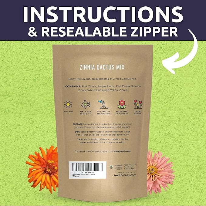 Zinnia Super Cactus Mix - Bulk 1/4 Pound Pouch - 15,000 Flower Seeds for Planting - Zinnia elegans
