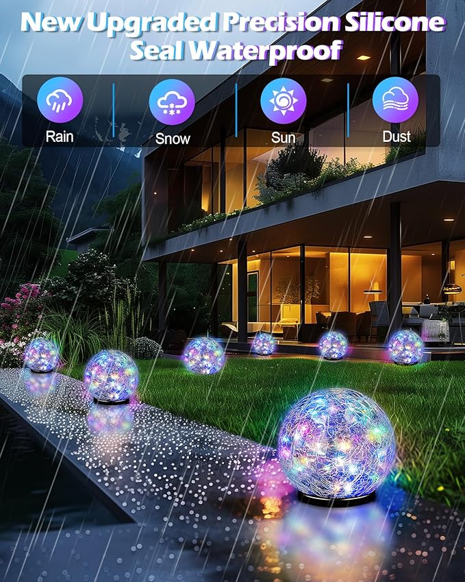 Garden Solar Ball Lights Outdoor Waterproof, 80 LED Cracked Glass Globe Solar Power Ground Lights for Path Yard Patio Lawn, Outdoor Decoration Landscape Colorful(2 Pack 5.9'')