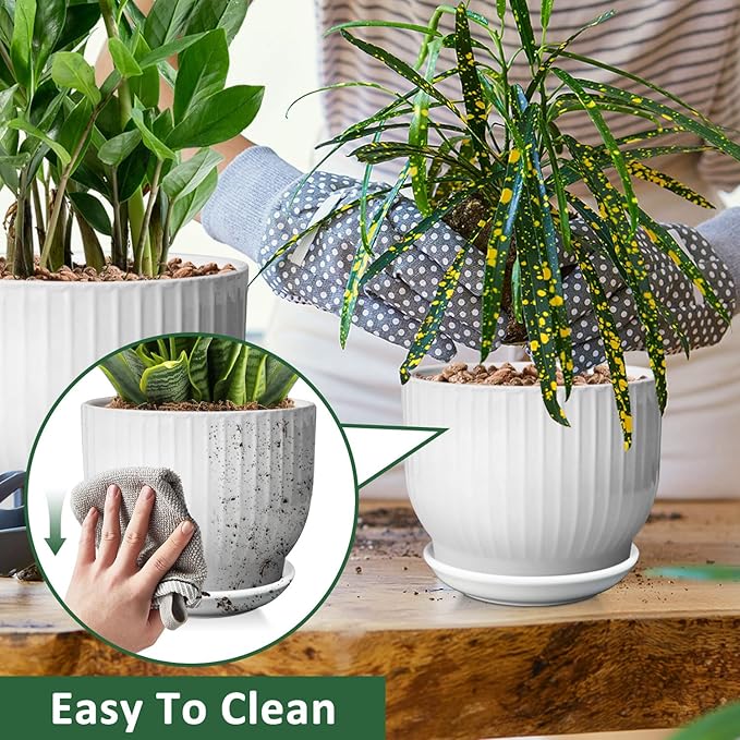 6.7 + 5.5 Inch Plant Pot, Ceramic Planter with Drainage and Saucer, Ceramic Pots for Plants, Indoor Plant pots,Ceramic Flower pots（Pure White, Plants NOT Included）